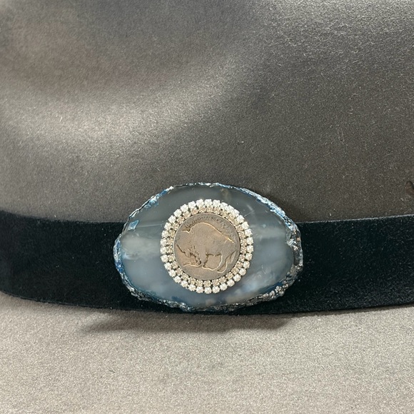 Black Italian Suede, Agate Crystal Hat Band with rhinestone buffalo coin - Picture 7 of 9